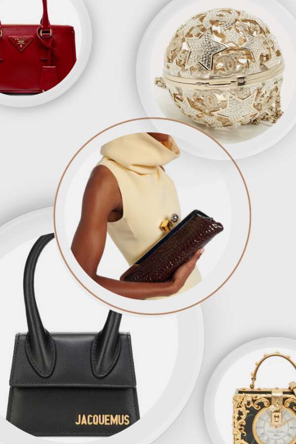 Borse da salone di lusso: Prada Galleria mini rossa, Chanel sfera dorata, Jacquemus Chiquito nera, Dolce & Gabbana box barocca con orologio. Selezione di Nice to be Woman.
