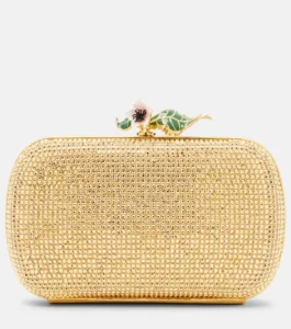 Bottega Veneta borsa Knot Clutch gioiello in pelle decorata da cristalli e chiusura metallica a forma di fiore, Mytheresa per Nice to be Woman.