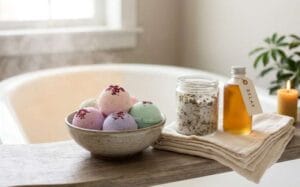 Set relax regalo festa della mamma con bombe da bagno colorate, sali profumati e olio relax su un vassoio di legno accanto a una vasca per il blog Nice to be Woman