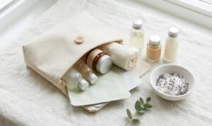 Kit skincare in tessuto naturale con flaconi mini taglia, asciugamano arrotolato e ciotolina con sali di lavanda su un piano chiaro, idea regalo festa della mamma per Nice to be Woman