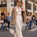 donna sorridente cammina fiduciosa su una strada di Parigi, indossando un blazer beige appoggiato sulle spalle, un top a ruches bianco e pantaloni ampi bianchi, con occhiali da sole tartarugati e una borsa color crema. Immagine per Nice to be Woman