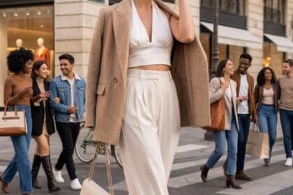 donna sorridente cammina fiduciosa su una strada di Parigi, indossando un blazer beige appoggiato sulle spalle, un top a ruches bianco e pantaloni ampi bianchi, con occhiali da sole tartarugati e una borsa color crema. Immagine per Nice to be Woman