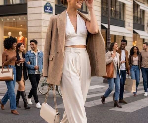 donna sorridente cammina fiduciosa su una strada di Parigi, indossando un blazer beige appoggiato sulle spalle, un top a ruches bianco e pantaloni ampi bianchi, con occhiali da sole tartarugati e una borsa color crema. Immagine per Nice to be Woman