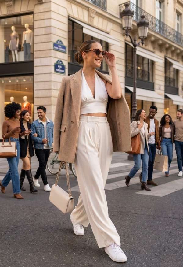 donna sorridente cammina fiduciosa su una strada di Parigi, indossando un blazer beige appoggiato sulle spalle, un top a ruches bianco e pantaloni ampi bianchi, con occhiali da sole tartarugati e una borsa color crema. Immagine per Nice to be Woman