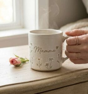 tazza di ceramica color crema con la scritta "Mamma", un cuoricino e dei fiorellini bianchi dipinti, su un comodino di legno accanto a una rosa. Idea regalo festa della mamma per Nice to be Woman