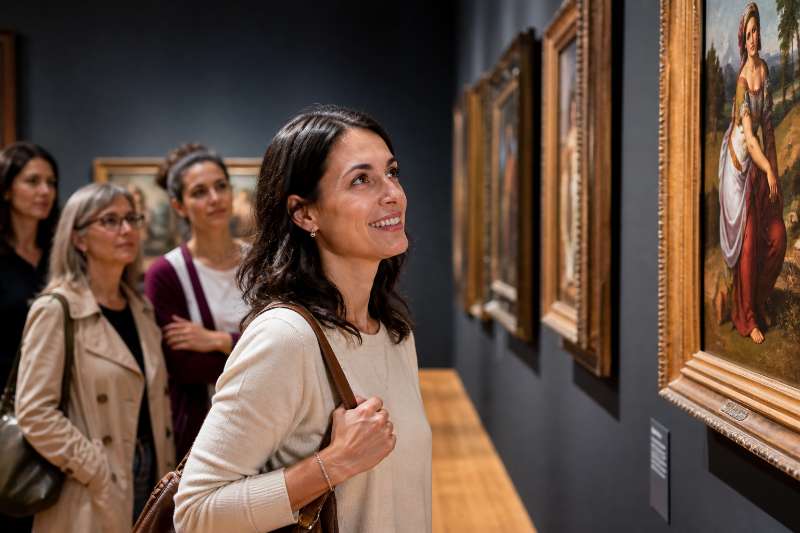 Una giovane signora partecipa a una visita guidata a una galleria d'arte e ammira un quadro rinascimentale