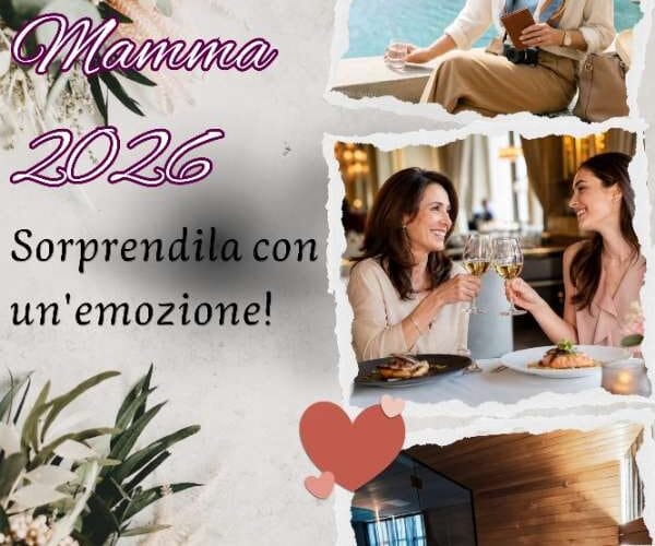 Collage di copertina per la Festa della Mamma 2026 con immagini di esperienze regalo tra cui viaggi, cene e momenti di benessere.