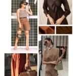 Collage fotografico sulla tendenza del marrone in estate con outfit chic, dettagli di borse e tessuti leggeri quiet luxury.