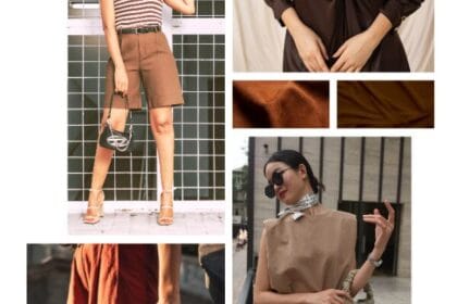 Collage fotografico sulla tendenza del marrone in estate con outfit chic, dettagli di borse e tessuti leggeri quiet luxury.