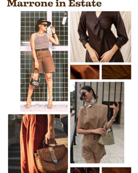 Collage fotografico sulla tendenza del marrone in estate con outfit chic, dettagli di borse e tessuti leggeri quiet luxury.