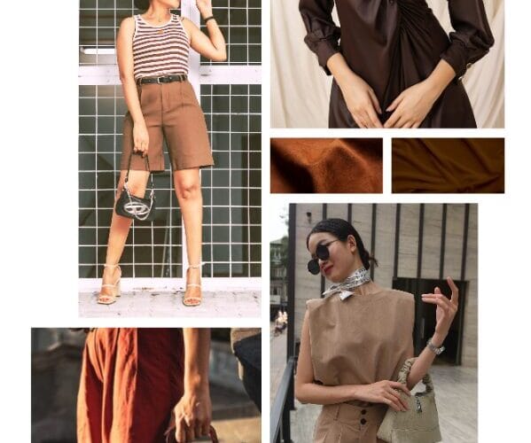 Collage fotografico sulla tendenza del marrone in estate con outfit chic, dettagli di borse e tessuti leggeri quiet luxury.