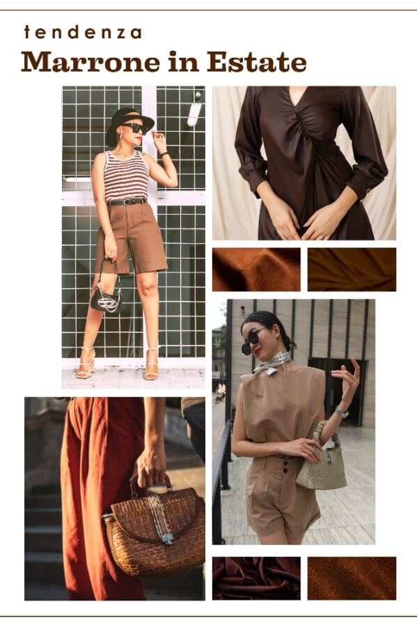 Collage fotografico sulla tendenza del marrone in estate con outfit chic, dettagli di borse e tessuti leggeri quiet luxury.