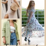 Collage di tendenze moda primavera estate con modella in blazer verde salvia e jeans, abiti lunghi stampati e borsa in paglia rotonda su sfondo beige.