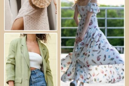 Collage di tendenze moda primavera estate con modella in blazer verde salvia e jeans, abiti lunghi stampati e borsa in paglia rotonda su sfondo beige.