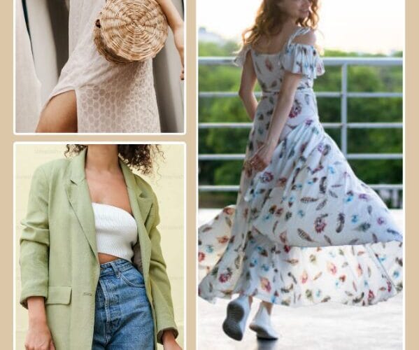 Collage di tendenze moda primavera estate con modella in blazer verde salvia e jeans, abiti lunghi stampati e borsa in paglia rotonda su sfondo beige.