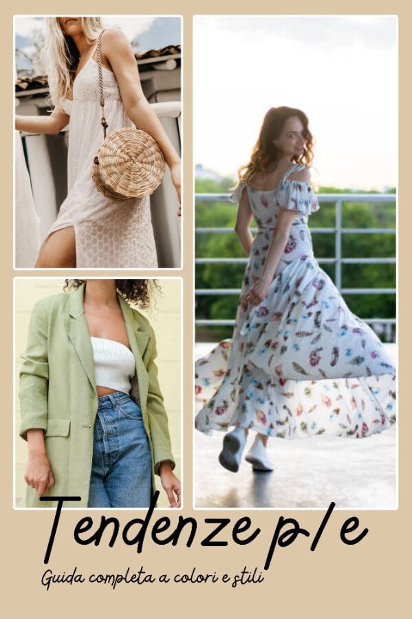 Collage di tendenze moda primavera estate con modella in blazer verde salvia e jeans, abiti lunghi stampati e borsa in paglia rotonda su sfondo beige.