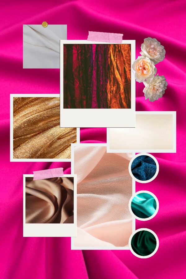Moodboard con i migliori colori da abbinare al fucsia: beige, bronzo, verde smeraldo, turchese e bianco.