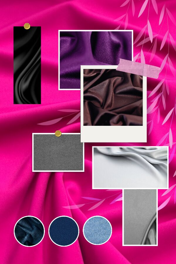 Moodboard con abbinamenti del fucsia con nero, grigio, viola, argento e denim.