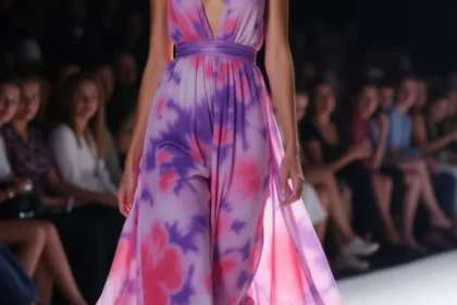 Modella in una sfilata di abiti dal taglio fluido indossa un abito in chiffon a fiori rosa e viola
