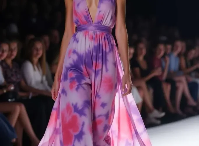 Modella in una sfilata di abiti dal taglio fluido indossa un abito in chiffon a fiori rosa e viola