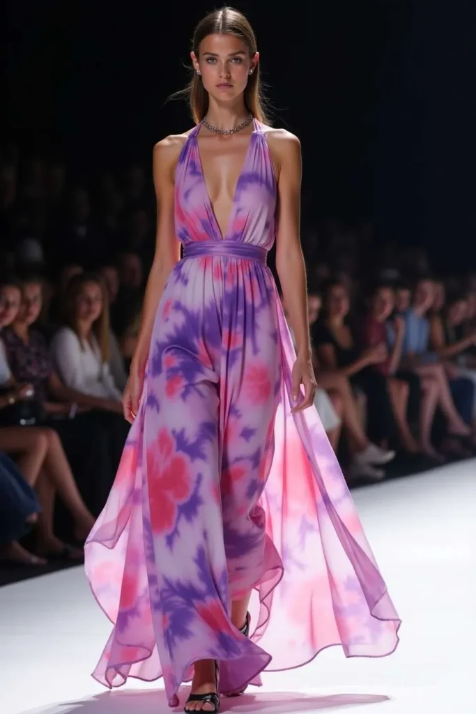 Modella in una sfilata di abiti dal taglio fluido indossa un abito in chiffon a fiori rosa e viola
