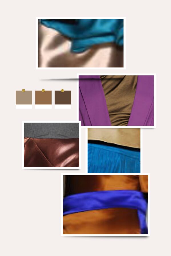 Moodboard di esempio su come abbinare il bronzo nella moda: varie tonalità di colore bronzo con accostamenti ottanio, orchidea, grigio e tonalità di blu.