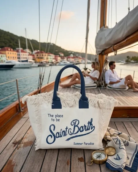 ​Borse e pochette Saint Barth: modello tote bag in canvas con frange sul ponte di una barca a vela con porticciolo e case sullo sfondo.
