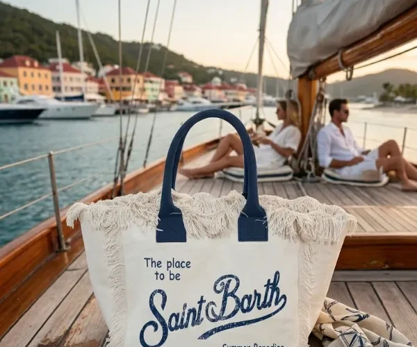 Borse e pochette Saint Barth: modello tote bag in canvas con frange sul ponte di una barca a vela con porticciolo e case sullo sfondo.