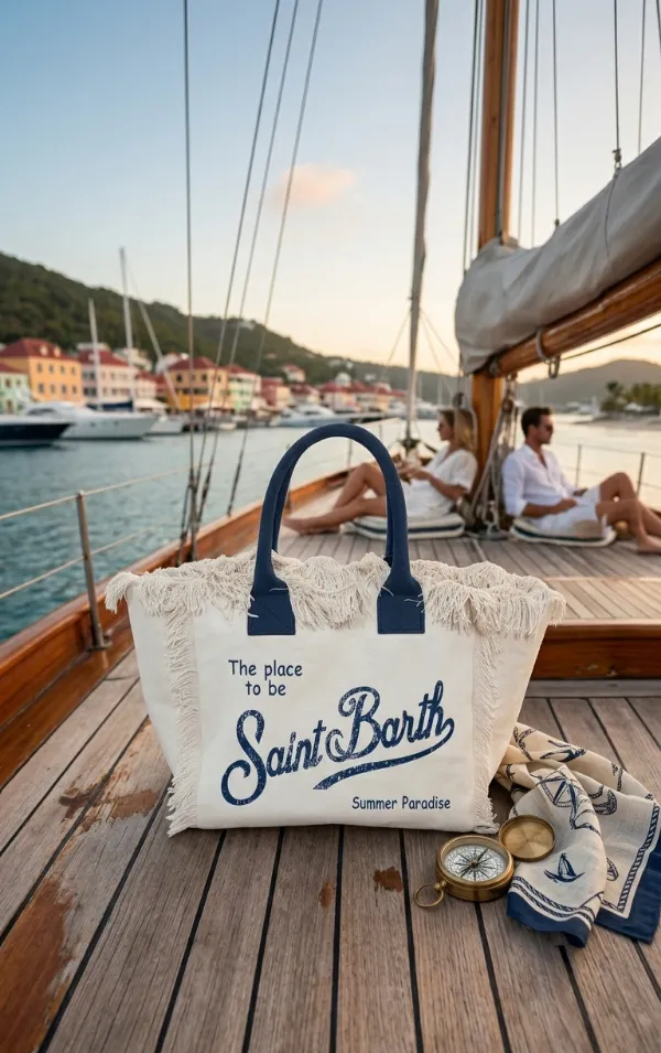 Borse e pochette Saint Barth: modello tote bag in canvas con frange sul ponte di una barca a vela con porticciolo e case sullo sfondo.