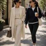 Due donne con outfit Quiet Luxury e Sporty Chic che passeggiano in un contesto urbano, immagine dedicata ai principali stili della moda femminile.