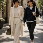Due donne con outfit Quiet Luxury e Sporty Chic che passeggiano in un contesto urbano, immagine dedicata ai principali stili della moda femminile.