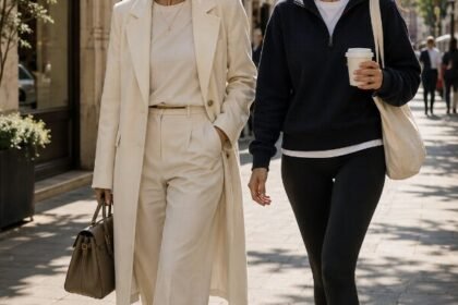 Due donne con outfit Quiet Luxury e Sporty Chic che passeggiano in un contesto urbano, immagine dedicata ai principali stili della moda femminile.