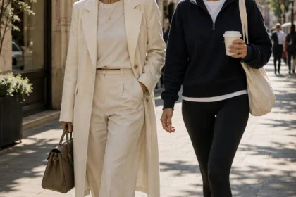 Due donne con outfit Quiet Luxury e Sporty Chic che passeggiano in un contesto urbano, immagine dedicata ai principali stili della moda femminile.