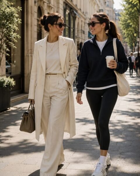 Due donne con outfit Quiet Luxury e Sporty Chic che passeggiano in un contesto urbano, immagine dedicata ai principali stili della moda femminile.