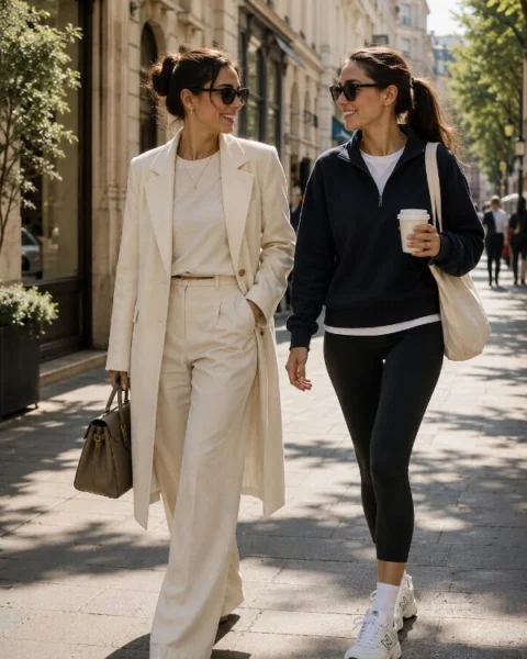 Due donne con outfit Quiet Luxury e Sporty Chic che passeggiano in un contesto urbano, immagine dedicata ai principali stili della moda femminile.