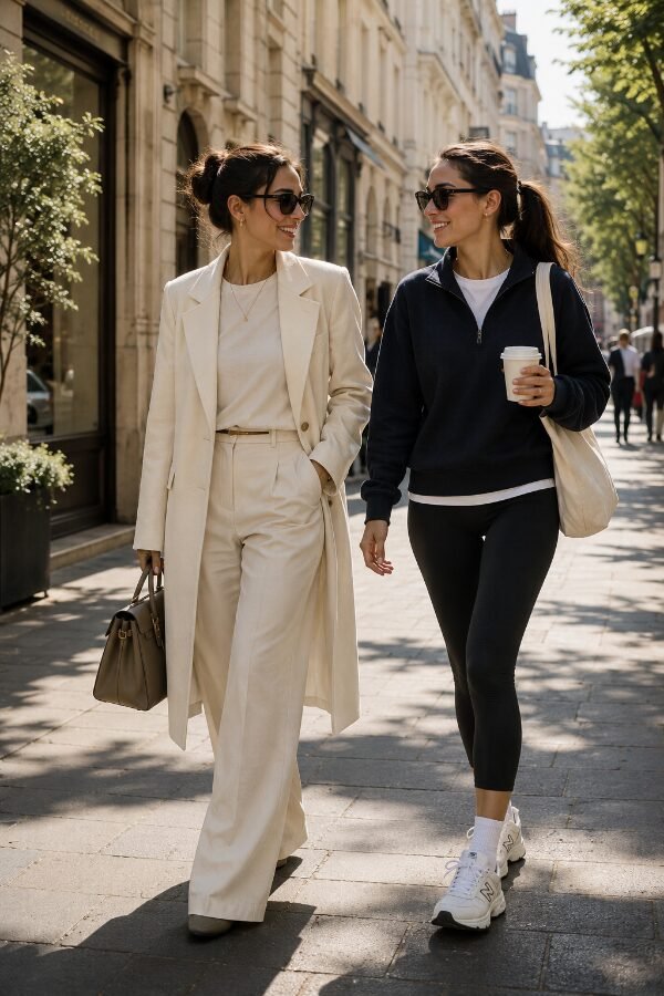 Due donne con outfit Quiet Luxury e Sporty Chic che passeggiano in un contesto urbano, immagine dedicata ai principali stili della moda femminile.