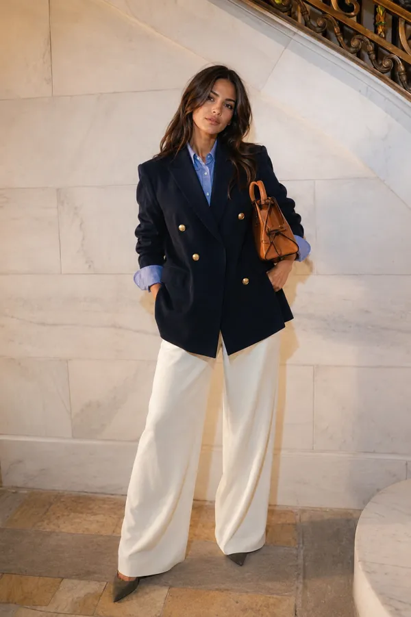 Donna con blazer blu navy, camicia azzurra, pantaloni bianchi e borsa in pelle marrone