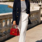 Donna elegante in outfit stile marinaro con blazer blu navy, maglia a righe, pantaloni palazzo bianchi e borsa rossa sul lungomare.