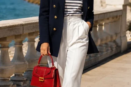 Donna elegante in outfit stile marinaro con blazer blu navy, maglia a righe, pantaloni palazzo bianchi e borsa rossa sul lungomare.