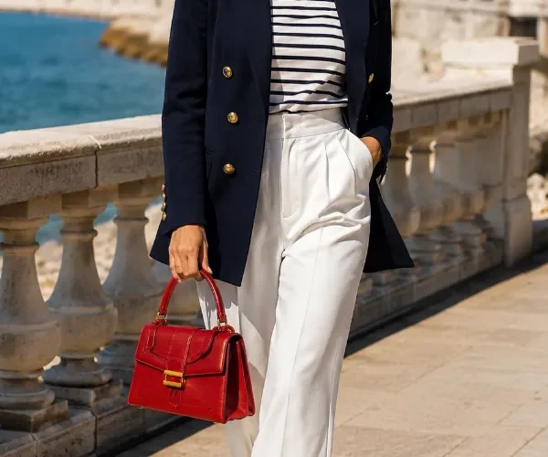 Donna elegante in outfit stile marinaro con blazer blu navy, maglia a righe, pantaloni palazzo bianchi e borsa rossa sul lungomare.