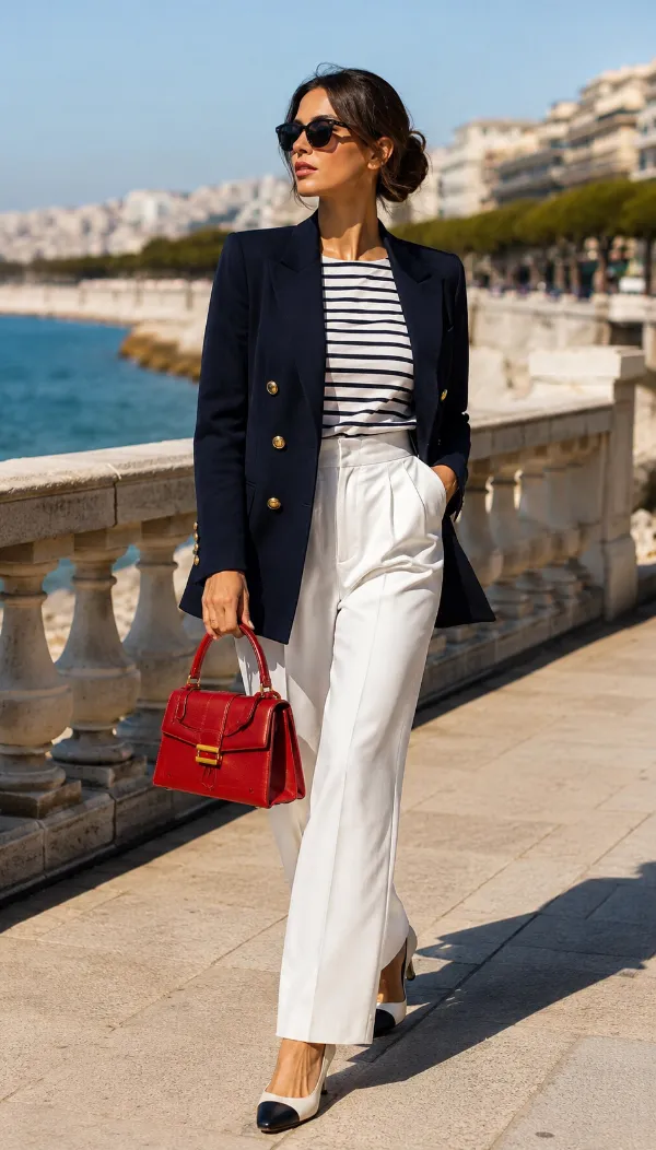 Donna elegante in outfit stile marinaro con blazer blu navy, maglia a righe, pantaloni palazzo bianchi e borsa rossa sul lungomare.