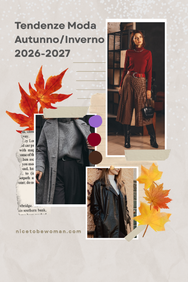Collage di tendenze moda Autunno Inverno 2026-2027: cappotti, sartorialità, colori intensi e nuovi dettagli di stagione.