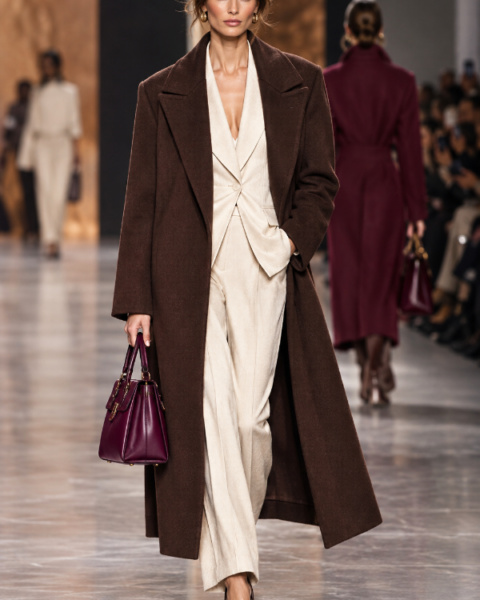 Modella in passerella con i colori moda Autunno Inverno 2026-2027: cappotto marrone cioccolato, tailleur crema e borsa berry
