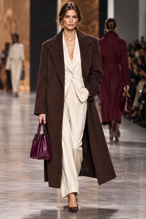 Modella in passerella con i colori moda Autunno Inverno 2026-2027: cappotto marrone cioccolato, tailleur crema e borsa berry