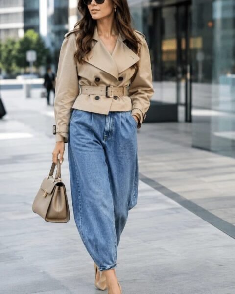 Donna con jeans balloon, trench corto stretto in vita e décolleté con tacco in un outfit metropolitano.