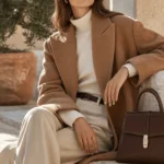 Donna con cappotto color cammello, maglia avorio e pantaloni sartoriali chiari, in un look quiet luxury ispirato allo stile Massimo Dutti donna.