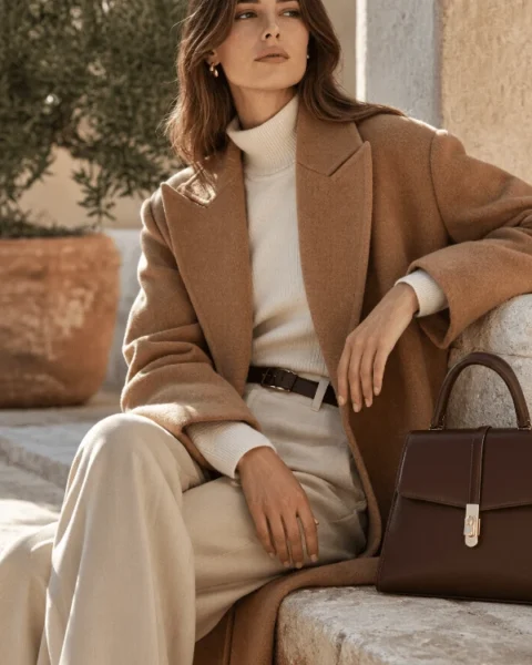 Donna con cappotto color cammello, maglia avorio e pantaloni sartoriali chiari, in un look quiet luxury ispirato allo stile Massimo Dutti donna.