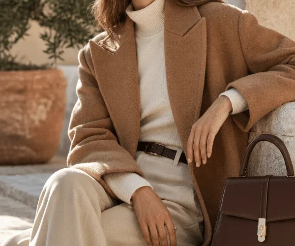 Donna con cappotto color cammello, maglia avorio e pantaloni sartoriali chiari, in un look quiet luxury ispirato allo stile Massimo Dutti donna.