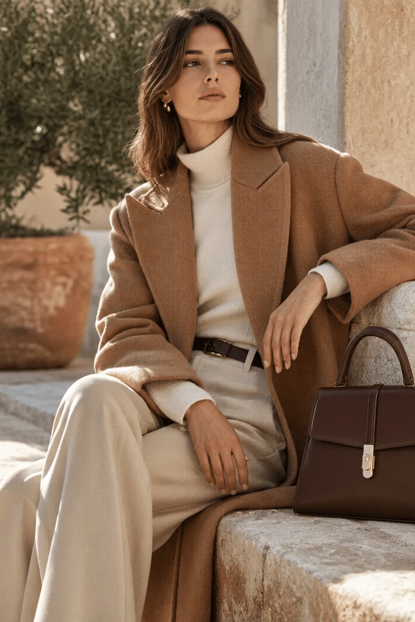 Donna con cappotto color cammello, maglia avorio e pantaloni sartoriali chiari, in un look quiet luxury ispirato allo stile Massimo Dutti donna.